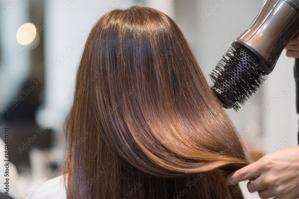 Fototapeta premium Woman with long, shiny, straight brown hair is sitting in the salon chair while her professional stylist dries it with a blow-dryer. Beautiful hairstyle. Close-up of hair styled with an electric dryer