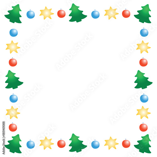 square frame of Christmas trees, tree balls, stars