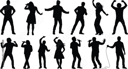 Party dancing silhouettes singers with microphones, concert crowd people moving to music, men and women dancing poses, karaoke night performance 
