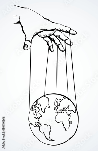 Man hand with a World map. Vector drawing concept