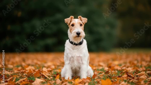 Wide panoramic banner of an adorable wire fox terrier sitting on a lawn with fallen autumn leaves. Repeating sequence portrait of a cute purebred puppy for a website header