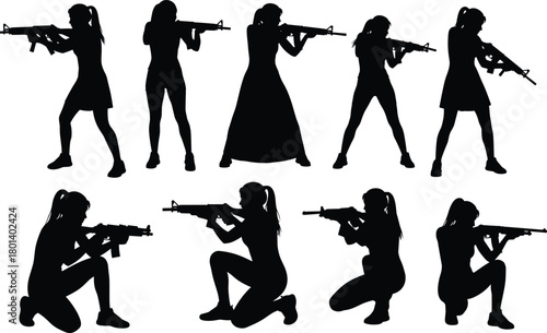 Armed women silhouettes with rifles in standing and kneeling poses, female soldiers and fighters holding assault weapons, modern military girl character 