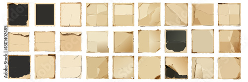 Set of vintage photo frames and old paper textures with worn edges, aged borders, and retro torn designs for scrapbooking, memory albums, and crafts
