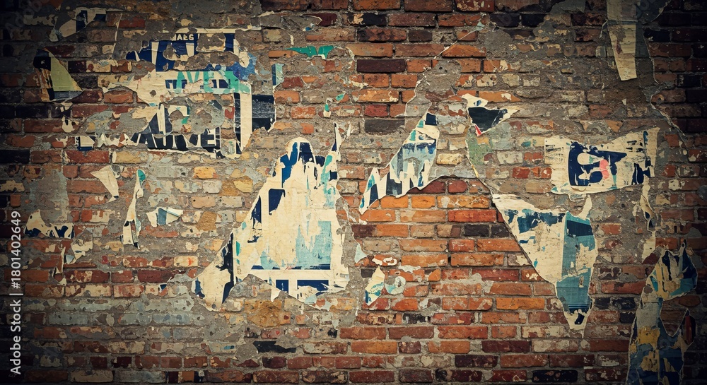 Naklejka premium Weathered Brick Wall with Torn Posters, An Urban Texture Backdrop