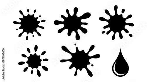 Collection of black ink splatter and drop illustrations