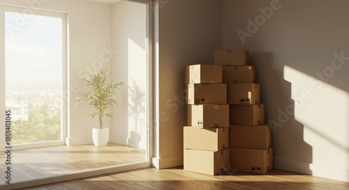 Stack of cardboard boxes in a bright, sunlit corner of a new apartment
