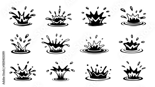 Collection of stylized black and white water splash illustrations