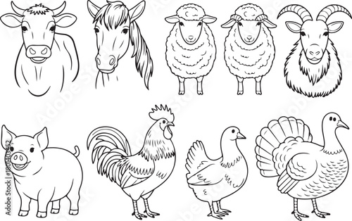 Farm animals line art collection for kids and education