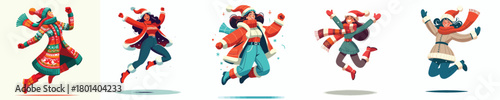 vector of a woman jumping happily welcoming Christmas