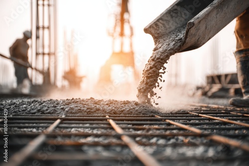 Pouring concrete on steel rebar grid, reinforced mesh at a building site. Cement truck. Worker is spreading a thin layer of wet gray foundation surface. Create solid floor. Liquid concreting process