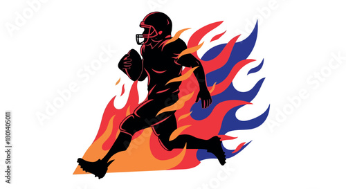 Football player running with flames, isolated