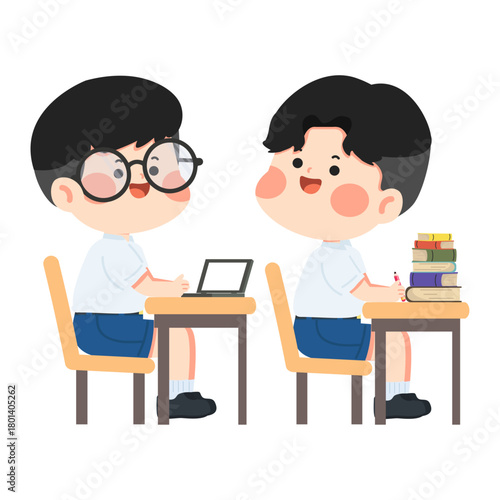 Cartoon Boys Studying Talking at Desks
