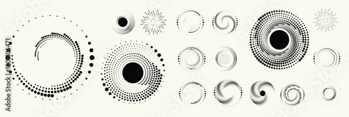 Abstract circular halftones element set, geometric dotted ring and spiral circle shapes for modern design, technology, or motion graphic backgrounds. Dotted round elements, radial spirals, and vortex.