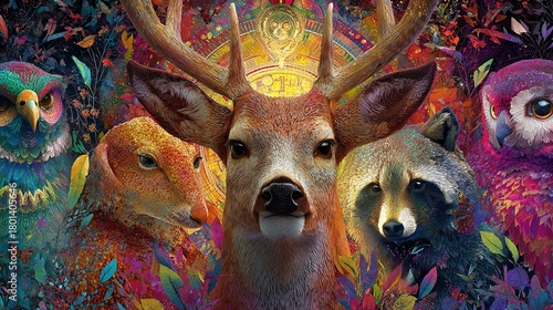 Colorful woodland creatures, an owl, deer, fox, and raccoon amidst kaleidoscopic foliage.