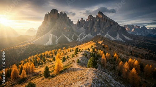 Epic sunrise over the jagged peaks of the italian dolomites in south tyrol. A scenic hiking path winds along a mountain ridge through a beautiful golden autumn forest