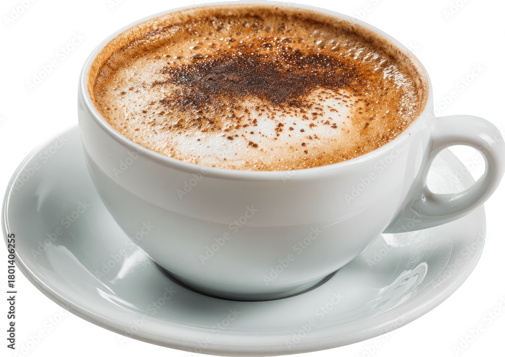 Fototapeta premium A frothy cappuccino in a white cup on a saucer, dusted with cocoa