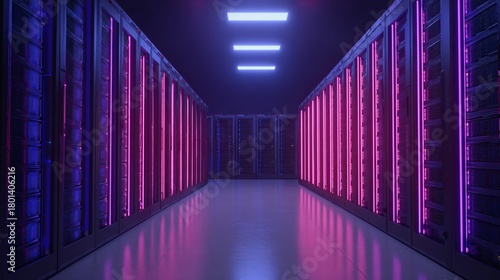Futuristic AI data center with glowing servers, seamless reflections, copy space, corporate blue-purple,