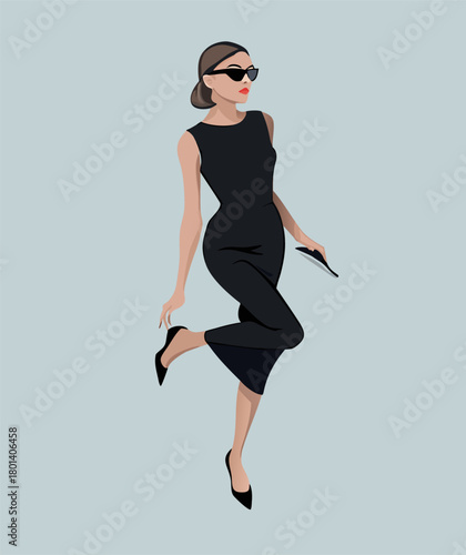 Elegant Woman in Black Dress and Sunglasses Posing Confidently
