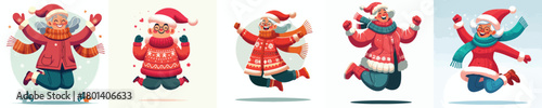 vector of a grandma jumping happily welcoming Christmas