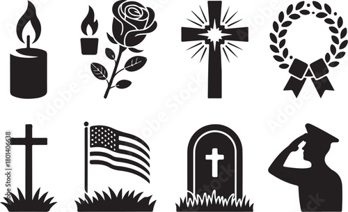 Memorial Day tribute icons in classic black style