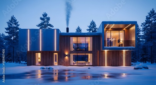 Contemporary Winter House with Warm Interior Lighting at Blue Hour