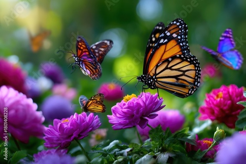 Colorful butterflies fluttering among blooming flowers in a vibrant garden