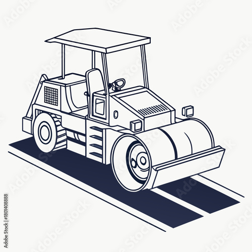 Illustration of a road roller on a road with lane markings, isolated on vector drawing style construction equipment concept