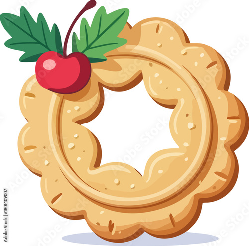 Christmas Ring Cookie with Cherry Holly Vector Holiday Dessert Icon