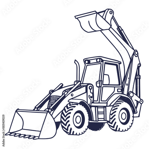 Illustration of a backhoe loader, showcasing construction equipment and its role in excavation and earthmoving, isolated on