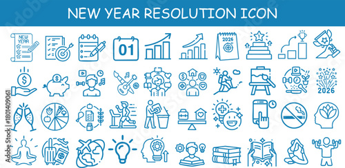 Minimal happy New Year resolution icon set featuring goals, fitness, productivity, wellness, finance, creativity and self improvement symbols. Perfect for planner, app, infographic and modern design.