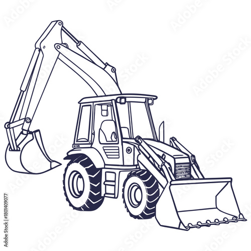 Illustration of a backhoe loader, a heavy equipment machine used in construction and excavation, isolated on the backhoe loader is drawn in outline style
