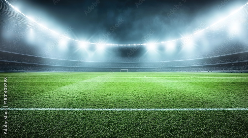 Obraz premium bleachers. Nighttime sports arena with glowing floodlights casting dramatic beams over emerald green turf. event key visuals, club posters, designed for sports event promotions and stadium branding.