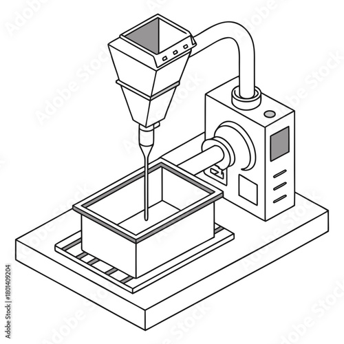 Illustration of a 3d printer, a device used to create threedimensional objects from a digital design, isolated on black and white lines