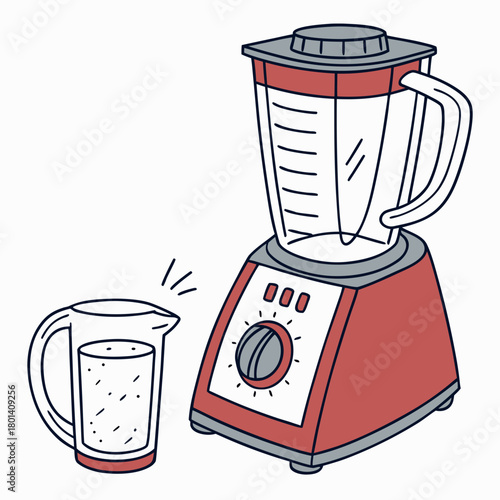 Illustration of a red blender with a glass of juice isolated on the blender is on a and has a glass of juice next to it