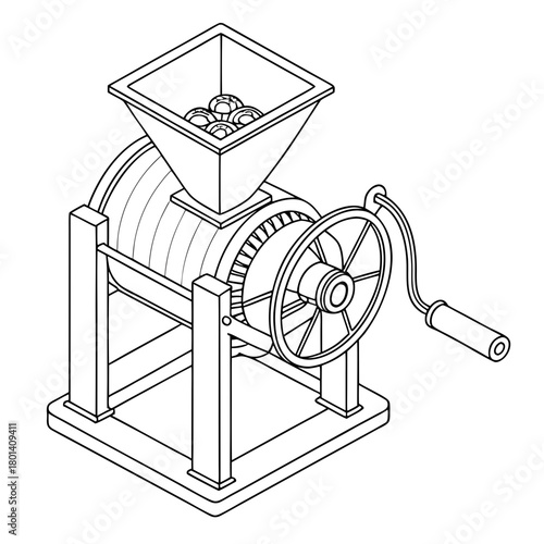 Isometric line art illustration of a nut grinder, isolated on a vintage machine for grinding nuts, with a hopper and a hand crank