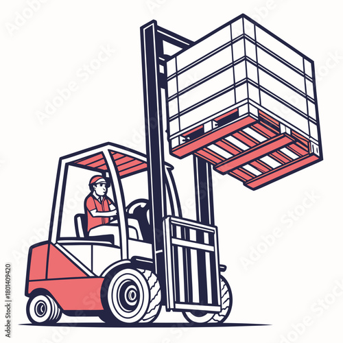 Isometric illustration of a forklift carrying a pallet of boxes, isolated on a worker in a cap operates the vehicle in a warehouse