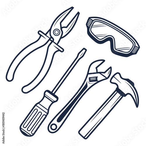 Illustration of a set of hand tools, including pliers, safety glasses, a screwdriver, an adjustable wrench, and a hammer, isolated on