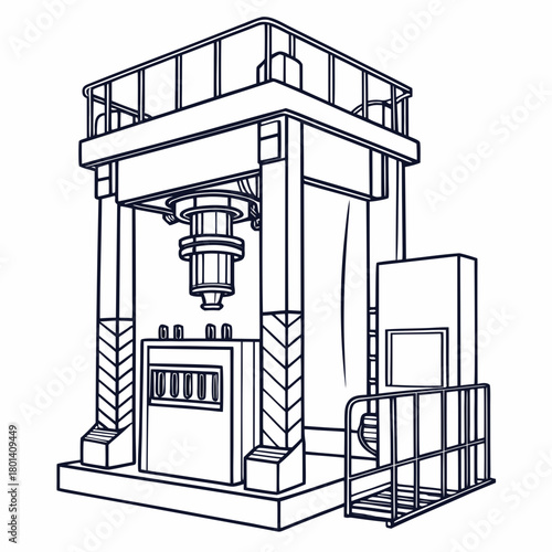 Illustration of a hydraulic press machine, a powerful industrial tool used for metal forming and manufacturing, isolated on
