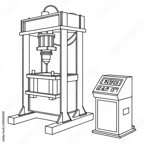 Line art illustration of an industrial hydraulic press with a control panel, showcasing the machinery used for pressing and forming materials isolated on