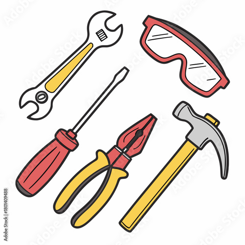 Illustration of a set of colorful hand tools, including a wrench, safety glasses, a screwdriver, pliers, and a hammer, isolated on