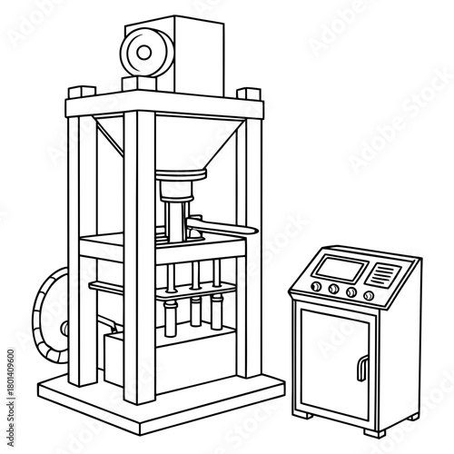 Illustration of a hydraulic press machine with a control panel, a powerful tool used in manufacturing and industrial processes, isolated on