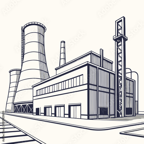 Illustration of a factory with cooling towers and industrial buildings, showcasing the infrastructure of a power plant or manufacturing facility, isolated on