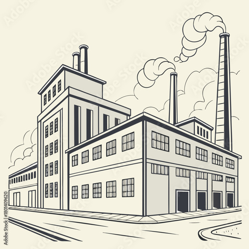 Illustration of a large factory building with smokestacks and industrial architecture, representing manufacturing, production, and environmental impact, isolated on