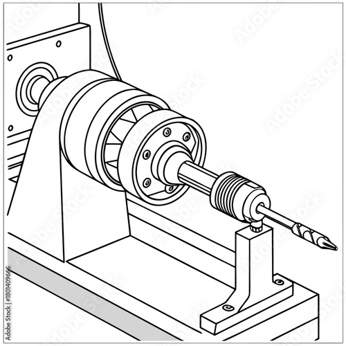 Detailed illustration of a lathe machine with a drill bit, showcasing the headstock, tailstock, and drilling operation isolated on