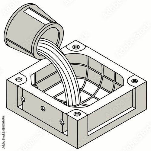 Isometric illustration of a mold casting process isolated on, depicting the pouring of liquid material into a mold for manufacturing and production