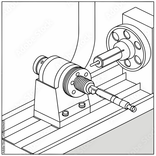 Detailed illustration of a lathe machine setup, showcasing the headstock, tailstock, and workpiece holding mechanism isolated on