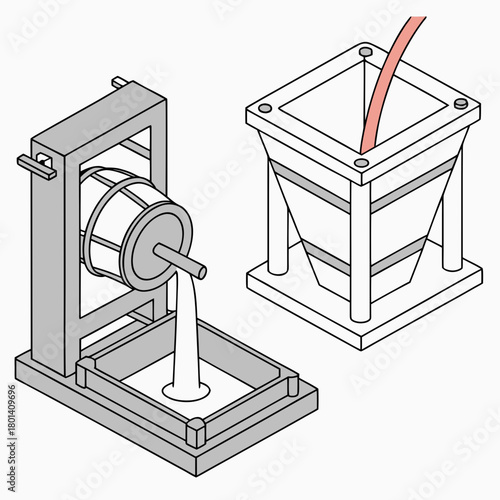 Illustration of a sand casting process with a foundry flask and a pouring basin, showcasing the mold preparation and metal casting techniques isolated on