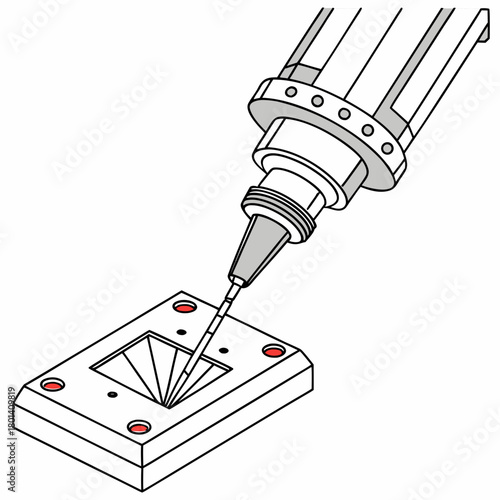 Illustration of a dispensing nozzle applying material to a mold, isolated on depicts precision manufacturing and automated processes in engineering