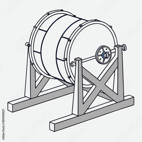 Illustration of a barrel churn, a device used to make butter from cream or milk by agitation, typically consisting of a rotating container isolated on