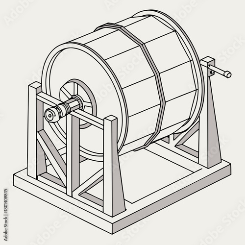 Illustration of a barrel churn, a device used to make butter from cream or milk by agitation, typically consisting of a rotating container isolated on